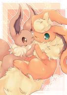 affection amount:pair atmosphere:frilly-background body-type:feral cuddling series:eeveelutions series:pokemon species:eevee species:flareon style:abstract-background style:kawaii style:orange style:outline touching-paws // 1701x2401 // 330KB