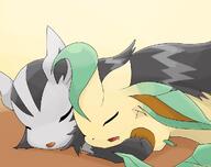 affection amount:pair body-type:feral cuddling drooling series:eeveelutions series:pokemon sleeping species:leafeon species:mightyena // 1024x808 // 60KB