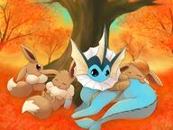 affection amount:multiple atmosphere:autumn atmosphere:forest body-type:feral cuddling hat series:eeveelutions series:pokemon sleeping species:eevee species:vaporeon style:painted // 4096x3072 // 1.2MB