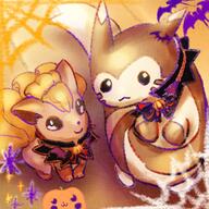 amount:pair atmosphere:halloween body-type:feral cloak hatch-pattern species:furret species:vulpix style:colored-lines style:contrasting-colors style:detailed-pattern style:grainy-lines wearing-bow // 1280x1280 // 282KB