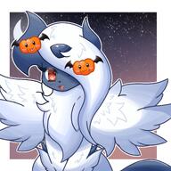 :3 amount:solo atmosphere:halloween atmosphere:night blush body-type:feral border feathered-wings fluffy gradient-background hair-ornament hair-over-one-eye halloween happy horns looking-at-viewer mega-pokemon one-eye-covered open-mouth outside-border red-eyes series:pokemon sky species:absol star-(sky) starry-sky style:outline white-border white-fur white-hair white-outline white-wings wings // 2000x2000 // 339KB
