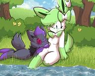 amount:pair atmosphere:river body-type:feral body-type:semi-anthro c feminine flower hall-of-fame:bronze oc series:eeveelutions series:pokemon species:sylveon species:zorua style:girly style:playful style:very-playful wearing-flower // 3100x2500 // 797KB