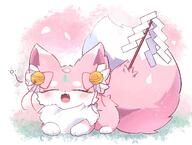 amount:solo atmosphere:field atmosphere:petals atmosphere:sakura bell body-type:feral hall-of-fame:bronze happy species:fox style:girly style:kawaii style:pastel-colors style:playful wearing-bow yawn // 1188x900 // 172KB