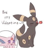 affection amount:pair body-type:feral flattered flower forehead-gem holding-object holding-object-in-mouth series:eeveelutions series:pokemon silly species:espeon species:umbreon style:grainy-lines visual-teasing wink // 1297x1351 // 111KB