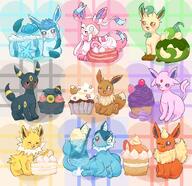 amount:multiple atmosphere:creatures-associated-with-items body-type:feral cake cupcake drink food grouping:all-eeveelutions hall-of-fame:bronze series:pokemon species:eevee style:playful sweets // 2048x1987 // 470KB