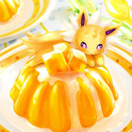 amount:solo atmosphere:kitchen atmosphere:table body-type:feral creature-in-food jello mango pudding series:eeveelutions series:pokemon species:jolteon style:painted // 894x894 // 105KB