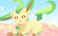 :o amount:solo atmosphere:flower-field atmosphere:flowers blue-sky blush body-type:feral bright-pupils brown-eyes day flower full-body looking-at-viewer open-mouth outdoors petals series:eeveelutions series:pokemon sitting sky species:leafeon white-pupils // 1080x680 // 72KB