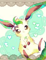 amount:solo atmosphere:frilly-background body-type:feral series:eeveelutions series:pokemon species:leafeon style:contrasting-colors wearing-bow // 1080x1414 // 216KB