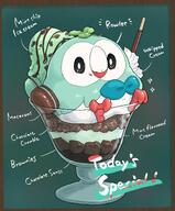 amount:solo bird black-eyes body-type:feral border bow bright-pupils brown-border character-name chocolate creature-in-food english-text food food-focus food-on-face green-background ice-cream owl parfait pocky series:pokemon sparkle species:rowlet tongue wafer-stick white-pupils // 2900x3508 // 1.2MB