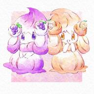 amount:pair body-type:semi-anthro grape orange-(fruit) species:alcremie species:food-creature style:watercolor // 936x936 // 196KB