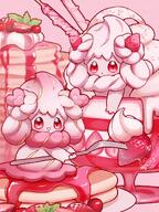 amount:pair body-type:semi-anthro cake creature-in-food food pancakes species:alcremie species:food-creature strawberry style:girly style:intentional-blur style:kawaii style:one-color style:pink style:very-girly sweets // 900x1200 // 204KB