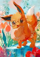 amount:solo atmosphere:flowers atmosphere:picnic body-type:feral flower glasses nerdy series:pokemon species:eevee style:painted // 847x1200 // 178KB