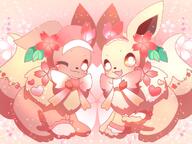 :3 alternate-color amount:pair blush body-type:feral bow clothed-pokemon flower full-body hairband happy heart looking-at-viewer one-eye-closed open-mouth pink-background series:pokemon shiny-and-normal shiny-pokemon signed_artwork sparkle species:eevee // 1024x768 // 110KB