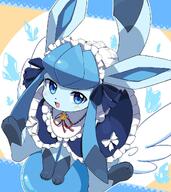 amount:solo arms-between-legs body-type:feral bouncing maid outfit series:eeveelutions series:pokemon silly species:glaceon style:abstract-background style:kawaii style:pastel-colors // 1080x1215 // 118KB