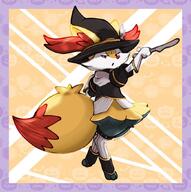 amount:solo atmosphere:halloween body-type:anthro body-type:semi-anthro outfit species:braixen style:abstract-background style:border style:kemono witch // 850x853 // 110KB