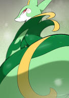 amount:solo big_tail blurry blush closed-mouth depth-of-field from-below green-skin grey-background half-closed-eyes looking-at-viewer looking-back looking-down red-eyes series:pokemon species:serperior // 709x1000 // 115KB