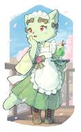 amount:solo atmosphere:asian atmosphere:petals atmosphere:sakura body-type:anthro body-type:semi-anthro drink freckles maid outfit species:cat style:kemono style:painted style:white-border wearing-bow // 746x1200 // 133KB