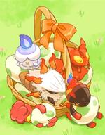 amount:multiple atmosphere:field basket blue-eyes blue-fire body-type:feral bow character:charcadet closed-eyes closed-mouth egg fire grass lying outdoors ribbon series:pokemon sleeping species:larvesta species:litwick species:litwik species:slugma u-u // 1598x2048 // 293KB