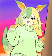 amount:solo atmosphere:sunset body-type:anthro body-type:humanoid hair hall-of-fame:bronze pride series:eeveelutions series:pokemon species:leafeon style:kemono sweater // 864x924 // 100KB