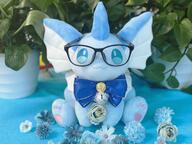 :3 amount:solo bell black-framed-eyewear blue-bow blue-bowtie blue-eyes blue-flower blurry body-type:feral bow bowtie character:leaf closed-mouth flower glasses happy looking-at-viewer plant plush rose series:eeveelutions series:pokemon single-horn sitting species:vaporeon white-flower // 4032x3024 // 1.0MB