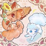 amount:pair body-type:feral flower hall-of-fame:bronze holding-object species:alolan-vulpix species:vulpix style:outline style:playful style:very-playful style:watercolor sunflower // 1500x1500 // 490KB