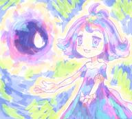 :3 armlet blush character:acerola collarbone dress female flat-chest flipped-hair hair-ornament happy multicolored-clothes multicolored-dress open-mouth outstretched-arms purple-eyes purple-hair series:pokemon short-hair short-sleeves species:acerola-(pokemon) species:gastly stitches topknot // 1200x1080 // 203KB