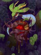 amount:solo body-type:feral dripping food fruit glowing looking-at-viewer mushroom pokemon:dragalge purple-background red-eyes series:pokemon // 900x1200 // 180KB