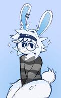 amount:solo animal-ears black-hairband blue-background body-type:humanoid closed-mouth glasses hairband happy long-sleeves looking-at-viewer male male-focus piercing rabbit-ears rabbit-tail shirt short-hair simple-background sparkle species:bunny striped-clothes striped-shirt tail white-fur white-hair // 1446x2292 // 239KB