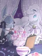 amount:multiple atmosphere:fancy body-type:feral body-type:semi-anthro food maid outfit ribbons series:eeveelutions series:pokemon species:alcremie species:alolan-ninetales species:food-creature species:glaceon tea // 1200x1600 // 241KB