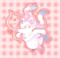 ;q amount:solo animal-focus arrow-(projectile) blue-eyes blush bow bow-(weapon) closed-mouth full-body happy heart holding holding-bow-(weapon) holding-weapon looking-at-viewer one-eye-closed pink-background plaid-background series:pokemon species:sylveon tongue tongue-out weapon // 1174x1140 // 167KB