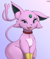 :3 amount:solo animal-ears blue-background body-fur body-type:feral cat-girl collar dated fang fangs female forehead-gem forehead-jewel forked-tail gem happy looking-at-viewer open-mouth pink-fur purple-background purple-eyes purple-fur red-gemstone saliva series:eeveelutions series:pokemon signed_artwork simple-background species:espeon tail tail-raised thick-thighs thighs tongue tongue-out uneven-eyes unknown_artist v-arms wide-hips // 3792x4408 // 4.9MB