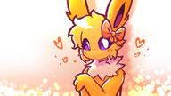 amount:solo animal-ears blonde-hair blush body-type:anthro body-type:semi-anthro bow closed-mouth colored-sclera female hair-bow hands-up happy heart neck-fur orange-bow own-hands-together purple-eyes red-bow series:eeveelutions series:pokemon short-hair simple-background sketch species:flareon species:jolteon style:orange upper-body yellow-fur // 1100x617 // 78KB