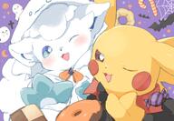:3 amount:pair atmosphere:halloween bat-(animal) blue-eyes blush body-type:feral bow bowtie brown-eyes candy candy-cane checkerboard-cookie clothed-pokemon cookie cross doughnut fang fangs food ghost ghost-costume halloween happy hood-up lollipop looking-at-viewer one-eye-closed open-mouth purple-background series:pokemon silk sketch species:alolan-vulpix species:pikachu spider-web style:very-playful white-eyes white-fur // 2048x1423 // 246KB