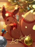 ;d amount:solo atmosphere:christmas blurry blurry-background body-type:feral brown-eyes christmas christmas-ornaments christmas-tree gift happy holding indoors looking-at-viewer lying merry-christmas on-back one-eye-closed open-mouth red-ribbon ribbon series:pokemon species:eevee wooden-floor // 1125x1500 // 237KB