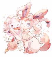 affection amount:pair body-type:feral cheek-rub flower outfit pressing-same-body-part-against-each-other series:eeveelutions series:pokemon species:swirlix species:sylveon wearing-bow // 2814x3061 // 835KB