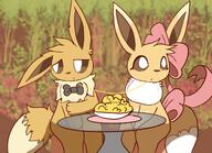 amount:pair atmosphere:forest body-type:feral body-type:semi-anthro hall-of-fame:bronze hall-of-fame:gold hall-of-fame:silver noodles romance series:pokemon sharing-food species:eevee visibly-shy wearing-bow // 2048x1487 // 287KB