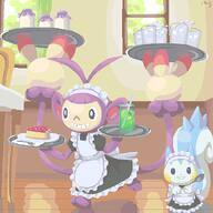 amount:pair apron atmosphere:cafe black-eyes body-type:semi-anthro cake cheesecake clothed-pokemon cup drinking-glass food fruit glass grin happy holding holding-spoon holding-tray indoors maid maid-apron maid-headdress outfit plate series:pokemon signed_artwork species:aipom species:pachirisu spoon style:lineless style:no-anti-aliasing sweets tray window // 600x600 // 33KB