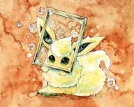 amount:solo body-type:feral flower fluffy full-body green-eyes holding orange-background painting-(medium) picture-frame series:eeveelutions series:pokemon sitting species:flareon standing style:watercolor traditional-media watercolor-(medium) // 1024x817 // 392KB