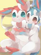 :3 amount:pair artist:nukochi blue-eyes blush body-type:feral brown-eyes character:nintendo character:pokemon closed-mouth happy hug looking-at-another looking-at-viewer pawpads series:eeveelutions series:pokemon simple-background sitting species:sylveon yellow-background // 1109x1487 // 145KB