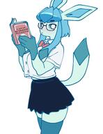 amount:solo animal-ears animal-nose black-framed-eyewear black-skirt black-thighhighs blue-eyes blue-fur blue-hair blue-sclera blue-skirt blue-thighhighs blush body-fur book bow bowtie breasts buttons closed-mouth collared-shirt colored-sclera cowboy-shot english-text female flat-color glasses gloves hands-up holding holding-book looking-at-viewer open-book pleated-skirt reading red-bow red-bowtie school-uniform semi-rimless-eyewear series:eeveelutions series:pokemon shirt shirt-tucked-in short-hair short-sleeves sidelocks simple-background skindentation skirt species:glaceon standing style:blue tail thick-thighs thighhighs thighs white-background white-eyes white-shirt zettai-ryouiki // 1390x1800 // 180KB