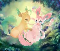 :o amount:pair blue-eyes brown-eyes character:leaf day eye-contact grass looking-at-another nature open-mouth outdoors series:eeveelutions series:pokemon sitting species:leafeon species:sylveon // 1280x1086 // 185KB
