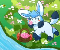^-^ amount:solo atmosphere:picnic atmosphere:river basket blush-stickers body-type:feral bow bug butterfly closed-eyes closed-mouth day flower grass happy holding outdoors picnic-basket pink-flower red-bow series:eeveelutions series:pokemon species:glaceon style:very-playful unknown_artist water // 1200x1000 // 177KB