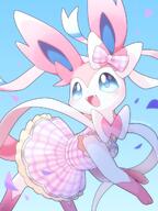 amount:solo atmosphere:petals atmosphere:sunlight blue-background blue-eyes blush body-type:feral bow clothed-pokemon dress fangs frills gradient-background hair-bow happy open-mouth petals pink-bow pink-dress plaid plaid-dress ribbon series:eeveelutions series:pokemon species:sylveon tongue twitter-username unknown_artist // 768x1024 // 112KB