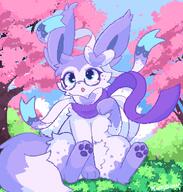 amount:solo atmosphere:sakura black-framed-eyewear blue-eyes blue-sky blush body-fur body-type:feral bush cherry-blossoms cloud day freckles full-body fusion glasses grass hand-up looking-at-viewer looking-up oc open-mouth outdoors pawpads petals purple-scarf scarf series:eeveelutions series:pokemon signed_artwork sitting sky species:sylveon style:no-anti-aliasing tail tree two-tone-fur unknown_artist white-fur // 1116x1170 // 31KB