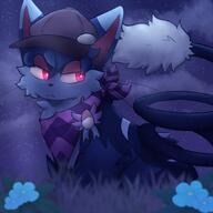 amount:solo atmosphere:night black-fur black-headwear blue-flower blurry body-type:feral bright-pupils cabbie-hat cat-tail closed-mouth clothed-pokemon flower glowing grass hat looking-to-the-side multiple-tails night-sky outdoors purple-scarf red-eyes scarf series:pokemon signed_artwork sky species:glameow star-(sky) starry-sky tail two-tails unknown_artist // 2000x2000 // 3.1MB