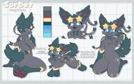 :3 animal-ears animal-nose black-fur blue-eyes blue-sclera blush body-fur body-type:anthro body-type:feral border character-name character:sorbet claws closed-mouth color-guide colored-sclera cropped-torso english-text eyewear-on-head fang fangs flat-color from-behind full-body grey-background grey-fur grid-background hand-up happy kneeling looking-at-viewer looking-back multiple-views open-mouth pawpads paws seiza series:pokemon simple-background sitting star-(symbol) star-glasses star-shaped-eyewear style:dim sunglasses tail tinted-eyewear tongue tongue-out two-tone-fur unknown_artist watermark white-background yellow-framed-eyewear // 3460x2164 // 557KB