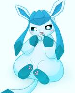 :3 amount:solo blue-eyes blue-hair blue-sclera blush body-type:feral body-type:slightly-chubby colored-sclera food full-body hands-up happy holding ice licking looking-at-viewer pawpads series:eeveelutions series:pokemon simple-background sitting species:glaceon style:blue style:outline tongue tongue-out white-background white-eyes // 1658x2048 // 160KB