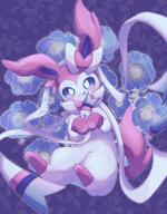 amount:solo blue-flower body-type:feral closed-mouth floral-background flower happy looking-at-viewer purple-background series:eeveelutions series:pokemon sitting species:sylveon tongue tongue-out twitter-username unknown_artist watermark // 2480x3169 // 1.3MB