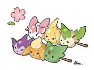 :< black-eyes character:leaf closed-mouth flower forehead-gem forehead-jewel series:eeveelutions series:pokemon signed_artwork simple-background species:espeon species:flareon species:jolteon species:leafeon species:sylveon species:vaporeon themed-food white-background // 1000x751 // 236KB