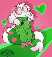 amount:solo blush body-type:anthro character:ralsei closed-mouth detached-sleeves earrings female glasses green-sweater heart jewelry pink-background pink-eyes ribbed-sweater round-eyewear signed_artwork sitting skirt star-(symbol) sweater tail trans unknown_artist white-fur // 1150x1250 // 251KB